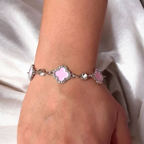 Elegant Pink Clover Rhinestone Silver Tone Bracelet - Picture 3 of 4